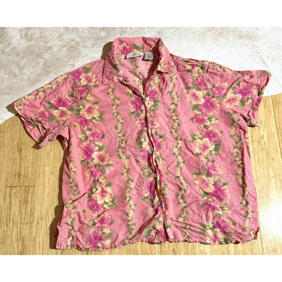 Lemon Grass Women Top Blouse Shirt Size XL Pink Floral Linen Button Up Collared - Picture 1 of 4